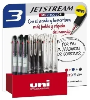 UNI-BALL SXE3-400-10 JETSTREAM EXPOSITOR DE 15 BOLIGRAFOS TRICOLOR – PUNTA DE BOLA 1MM – BOLIGRAFO CON 3 COLORES DE TINTA, NEGRO, AZUL Y ROJO – SECADO INSTANTANEO – COLORES SURTIDOS