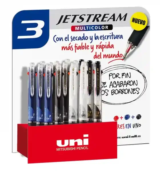 Uni-ball SXE3-400-10 JetStream Expositor de 25 Boligrafos Tricolor – Punta de Bola 1mm – Boligrafo con 3 Colores de Tinta, Negro, Azul y Rojo – Secado Instantaneo – Colores Surtidos