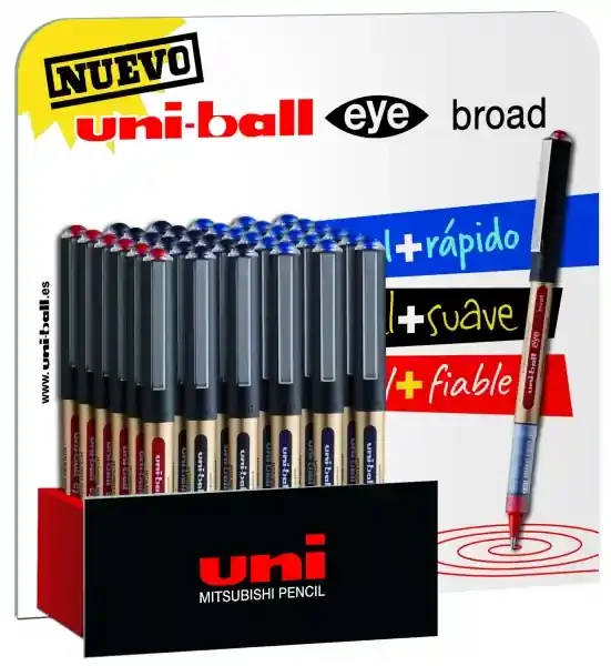 Uni-ball UB-150 Eye Broad Expositor de 36 Boligrafos de Tinta Liquida – Punta de Bola 1mm – Tinta Resistente al Agua y Luz – Sistema de Control de Tinta – Colores Surtidos