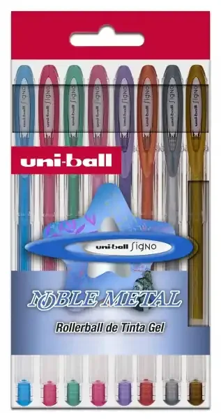 Uni-ball UM-120 NM Signo Noble Metal Estuche de 8 Rollers de Tinta Gel – Punta de Bola 0.8mm – Tinta Resistente al Agua y Luz – Escribe en Papel Negro y Blanco – Color Surtido
