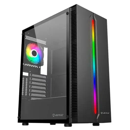 Unykach Armor Lumina Black Caja ATX, Micro ATX, Mini ITX – Lateral de Vidrio Templado – Iluminacion ARGB – 3.5″ y 2.5″ – USB-A 2.0, 3.0 y Audio – 1 Ventiladores 120mm ARGB Instalado – Soporta Refrigeracion Liquida