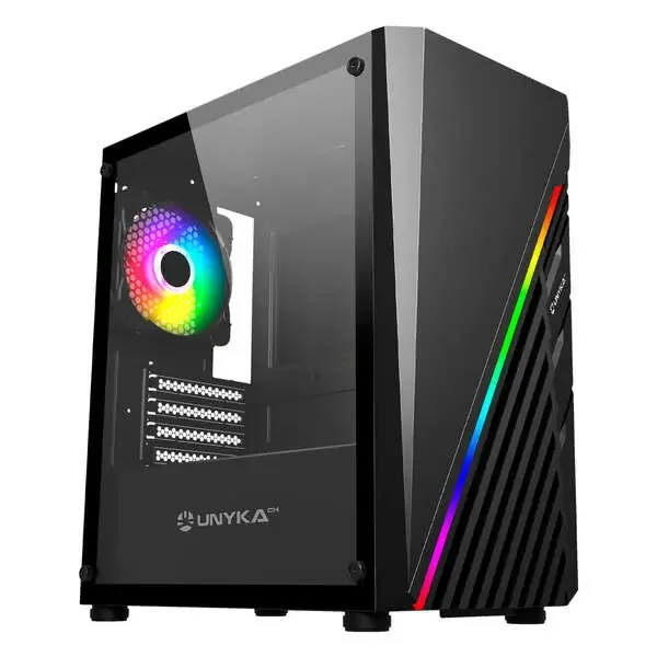Unykach MIni Glayze Caja Micro-ATX – Iluminacion ARGB – Ventana Lateral Cristal Templado – USB-A 2.0/3.0 y Audio – 1 Ventilador 120mm RGB Instalado – Color Negro