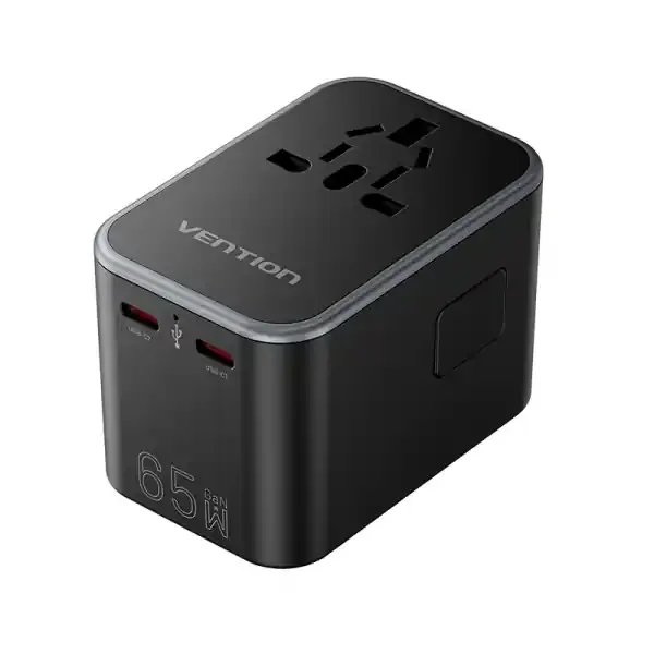 Vention Adaptador de Viaje Universal GaN 65W – 3 Puertos USB (C+C+A 65W/65W/30W) – Color Negro