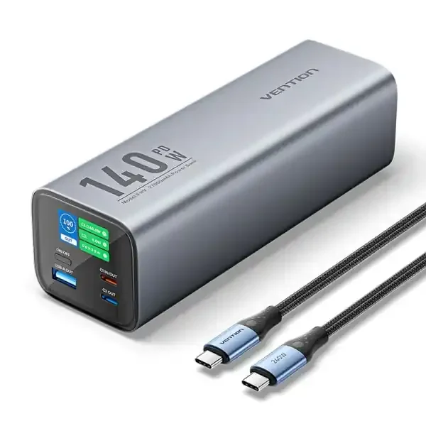Vention Bateria Powerbank 27000mAh 140W USB (USB-C+C+A+A) – Pantalla LED – Color Gris