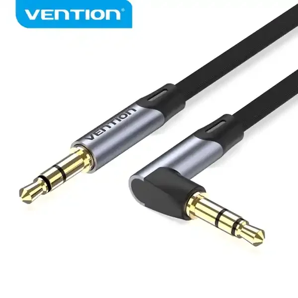 Vention Cable Auxiliar Estereo – Angulo 90° – Chapado en Oro – Conductor de Cobre Esmaltado – Revestimiento de Aleacion de Aluminio – Color Gris