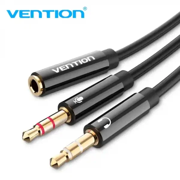 Vention Cable Estereo 2x Jack 3.5 Macho a Jack 3.5 Hembra – 0.3m – Color Negro