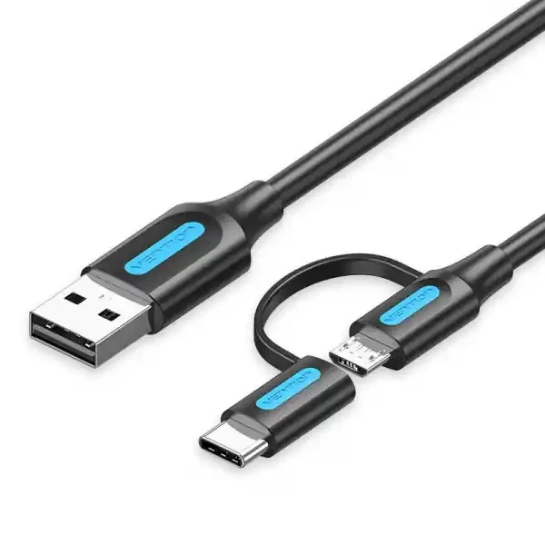 Vention Cable USB 2.0 Macho a MicroUSB+USB-C Macho – 3A – 60W – 480Mbps – 1m – Color Negro
