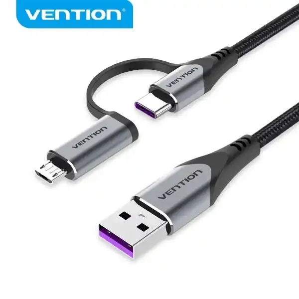 Vention Cable USB-A 2.0 a 2-en-1 USB-C&Micro-B Algodon Trenzado – 5A – Apantallado – 0.48Gbps – Color Gris