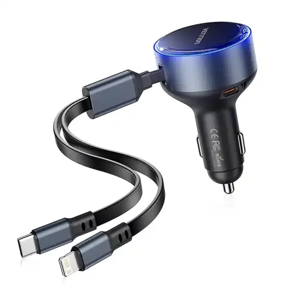 Vention Cargador de Coche 30W – USB-C Macho, USB-C Hembra, Lightning – Carga Rápida – Color Negro