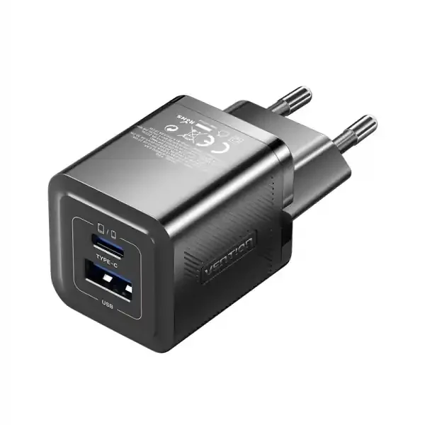 Vention Cargador de Pared GaN 2 Puertos USB (C+A) (30W/30W) – Carga rapida EU – Color Negro