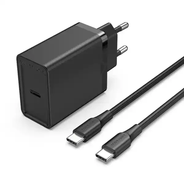 Vention Cargador de Pared USB-C 25W – Cable USB-C 1m – PD3.0 – Color Negro