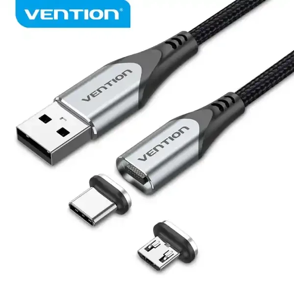 Vention CQMHD Cable USB-A 2.0 a Micro-B y USB-C Magnetico – Conectores Intercambiables – Transferencia 480 Mb/s – Color Gris