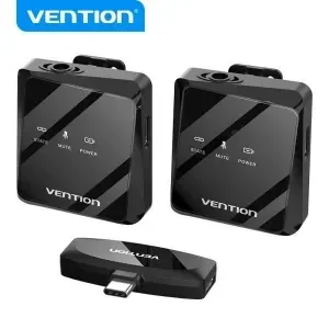 VENTION MICROFONO CLIP INALAMBRICO USB-C – CALIDAD DE AUDIO 32 KHZ – LATENCIA 20 MS – BATERIA 26H – RANGO 50M – CANCELACION DE RUIDO – COLOR NEGRO